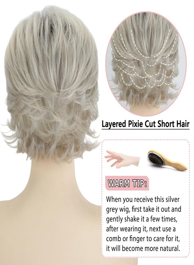 TISHINING Pixie Cut Short Ombre Silver Grey Curly Wigs for White Women Fluffy Layered Mixed Gray Wig with Bangs Natural Looking Synthetic Daily Party Wig - Image 5